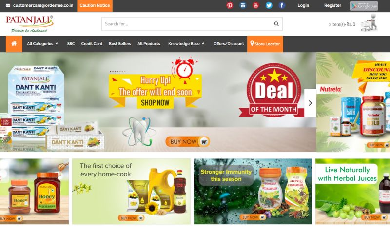 Patanjali Ayurveda is a highly successful online grocery store in India that delivers to most postal codes in the country. Despite offering only Patanjali brand products, which are highly popular and have earned a reputation for competing with other major companies such as P&G and HUL, Baba Ramdev's extensive knowledge of Ayurveda supports the quality of his products. While this online store may not offer a diverse range of products, many mothers across the country appreciate the quality of Patanjali goods.