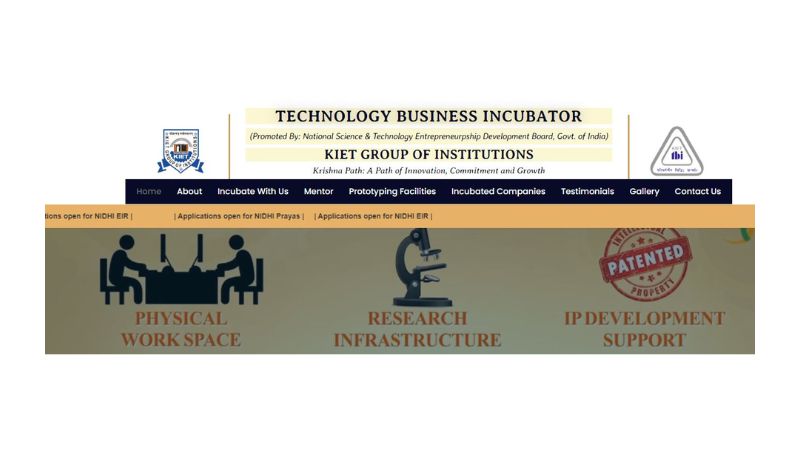 TBI-Krishnapath Incubation Society - The Technology Business Incubator (TBI) was established jointly by the National Science and Technology Entrepreneurship Development Board (NSTEDB), Ministry of Science and Technology, Government of India, and Krishna Institute of Engineering and Technology (KIET-TBI) to promote entrepreneurship culture in the institute and the surrounding area. The aim is to produce entrepreneurs continuously to generate wealth and create self-employment opportunities.
