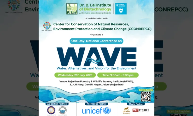 Dr. B. Lal Institute of Biotechnology in collaboration with the Rajasthan Forestry & Wildlife Training Institute (RFWTI) is organizing One Day National Conference on WAVE: Water, Alternatives, and Vision for the Environment on Wednesday, 26th July 2023 at Rajasthan Forestry & Wildlife Training Institute (RFWTI), 3, JLN Marg, Gandhi Nagar, Jaipur (Rajasthan).