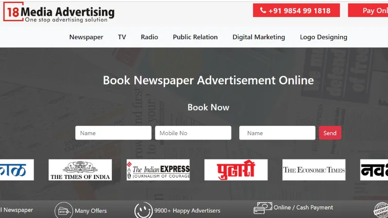 18 Media Advertising is a Pune-based platform Founded by Bharat Nanasaheb Jadhav where they offer advertising solutions for newspaper advertising, TV, and radio. It is one of the most experienced and renowned advertising agencies in Pune. 