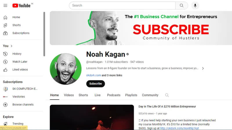 Noah Kagan is one of the best YouTube channels for startups with more than 400k subscribers. He is one of the successful entrepreneurs and also the founder of AppSumo.com.